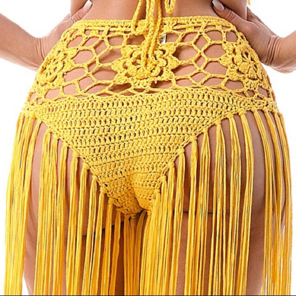See You In Mexico Marogold Yellow Crochet Fringe Sunsuit Swim CoverUp - Picture 5 of 7